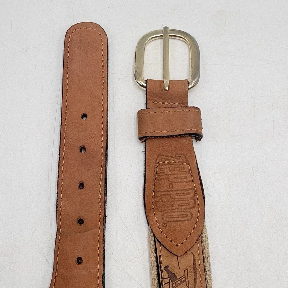 Vintage Woven Stretch Belt Fish Embroidered Canvas Leather Solid Brass Size 40
